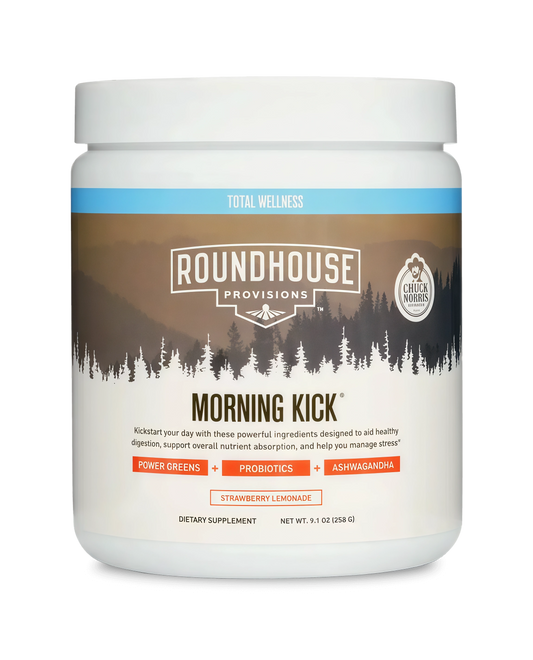 ROUNDHOUSE PROVISION Morning Kick, Zero Sugar Greens Superfood Powder Supplement with Ashwagandha, Collagen, Probiotics, Debloat Drink, 30 Servings (Strawberry Lemonade) by Chuck Norris
